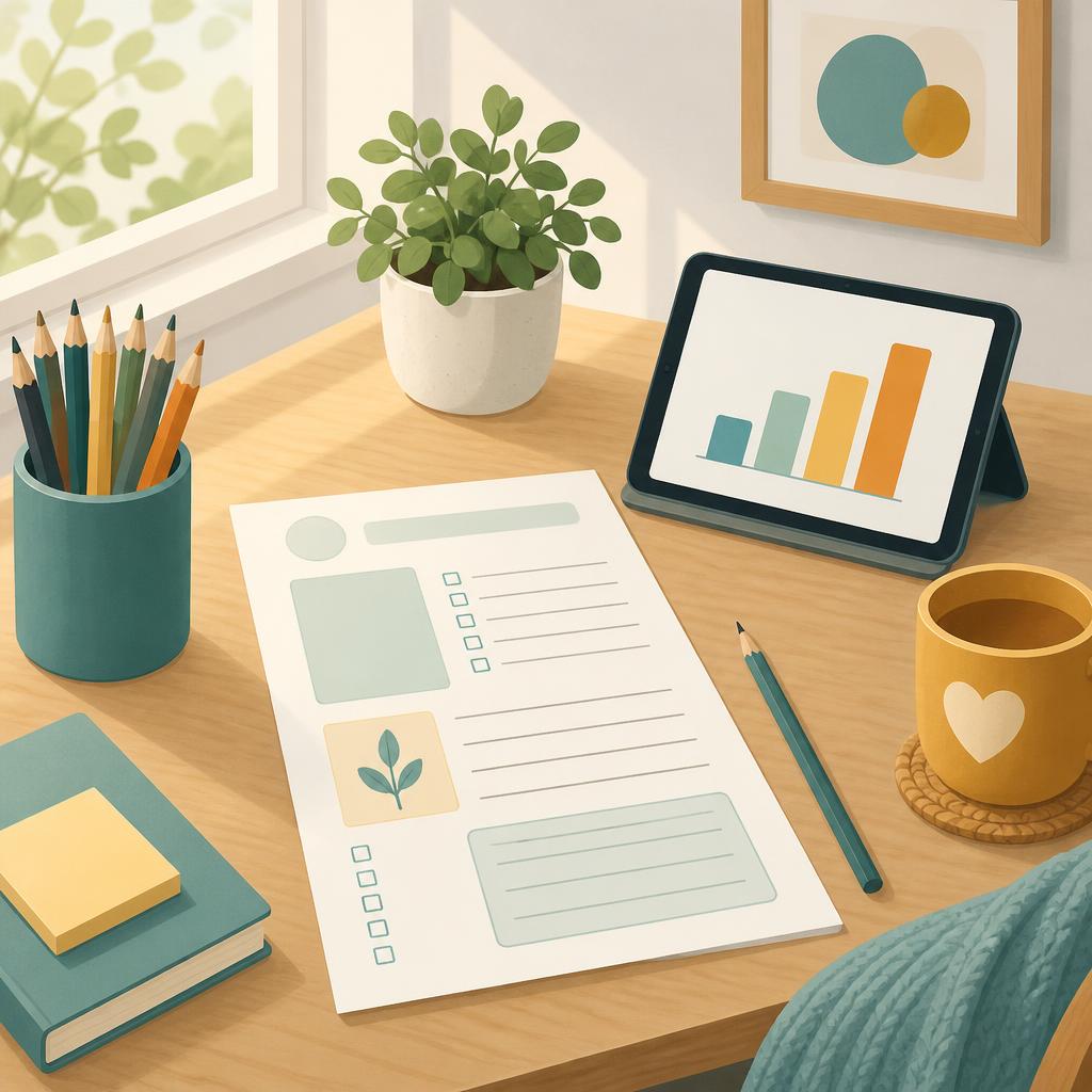 A homeschool workspace with a worksheet, pencils and a tablet showing a progress chart